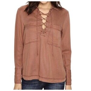 Free People Under Your Spell Top Shirt Blouse Women's Small Boho Tencel Lace Up